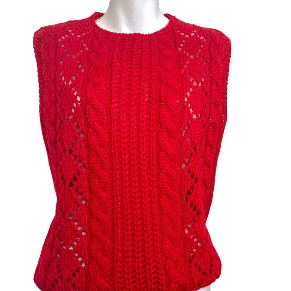 Vintage Crochet Cable Knit Sleeveless Vest Red Medium